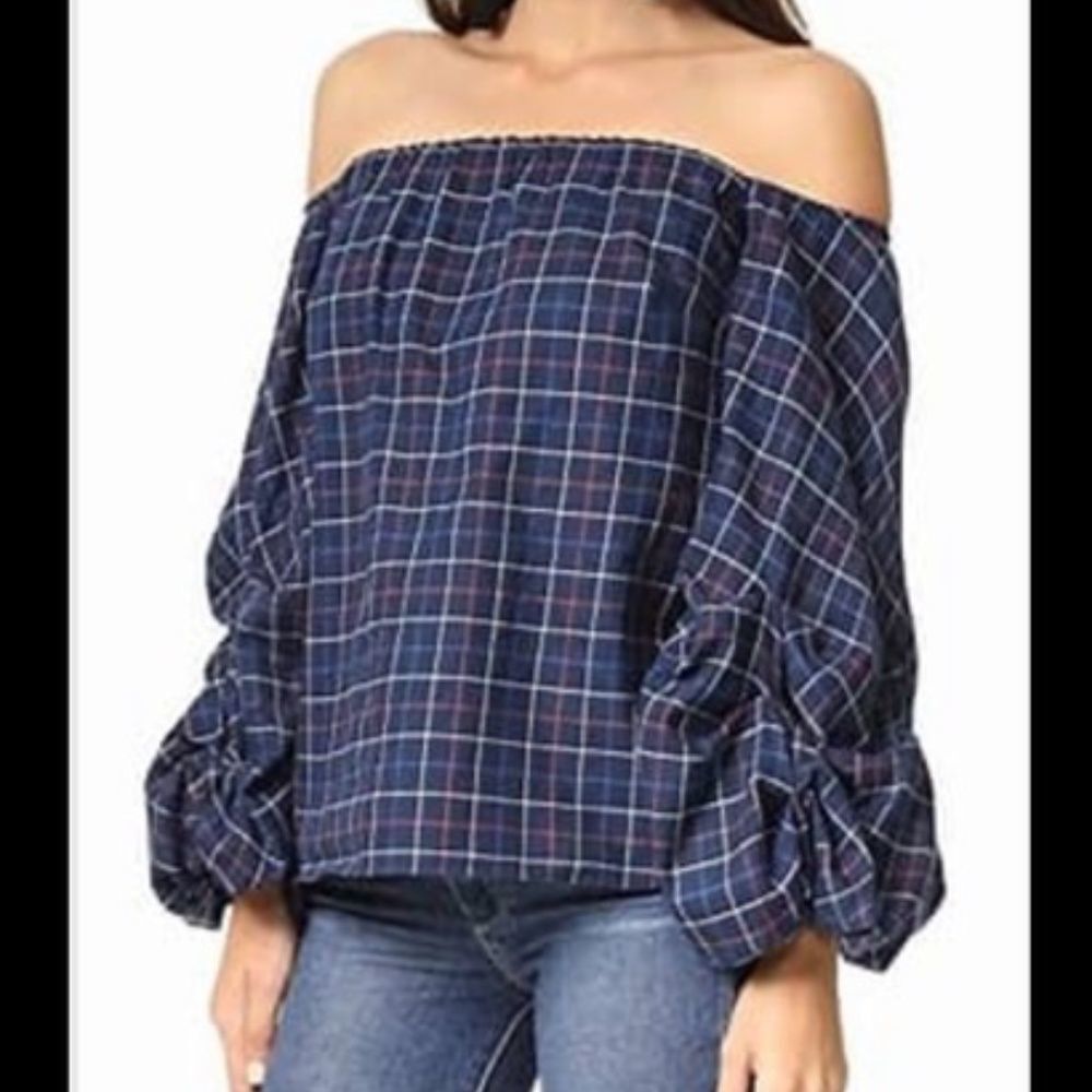 NWT Petersyn Hannah Voluminous Off-The-Shoulder Plaid Top